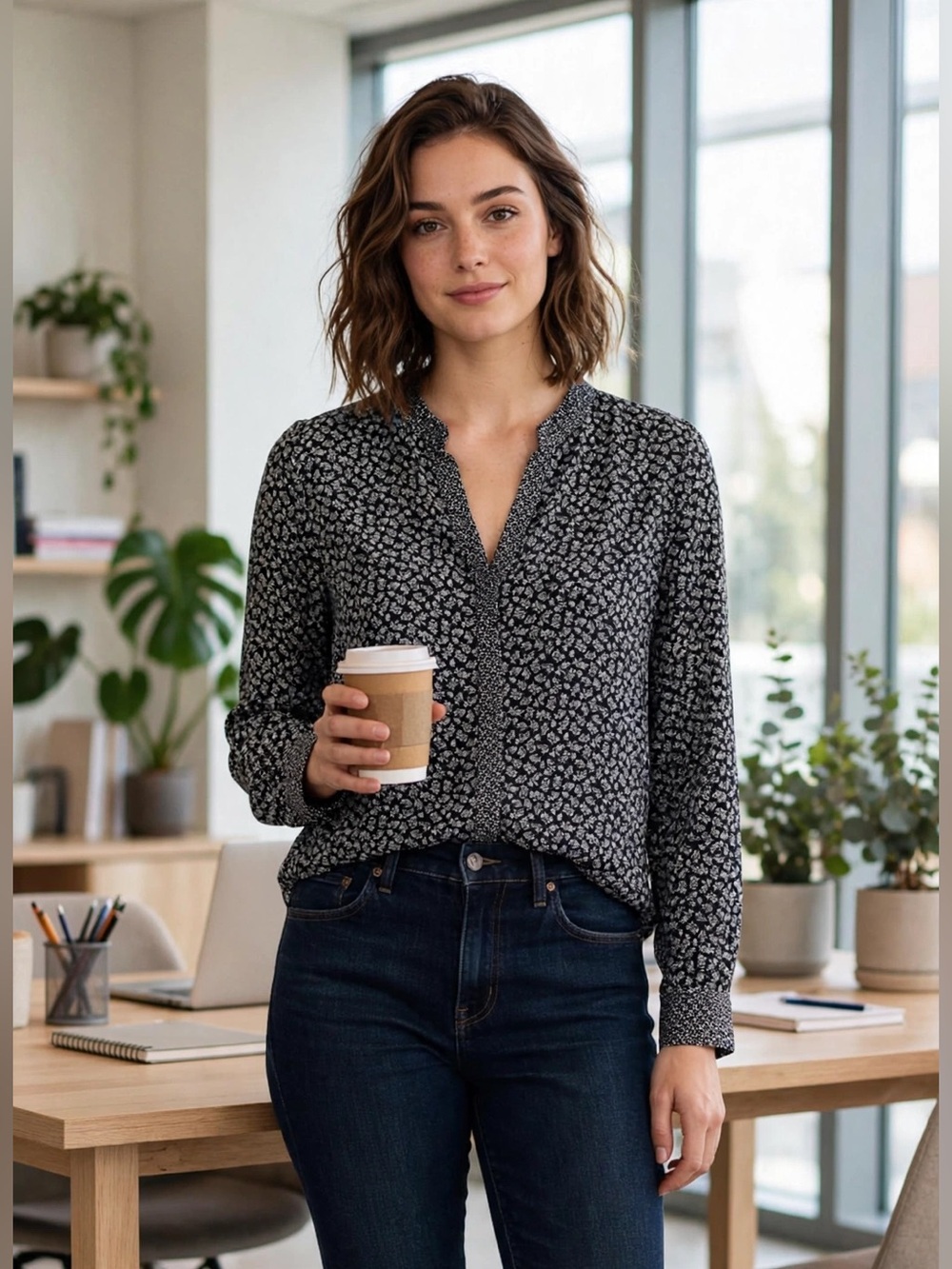 LOFT Black and White Floral Office Split-Neck Blouse - Small